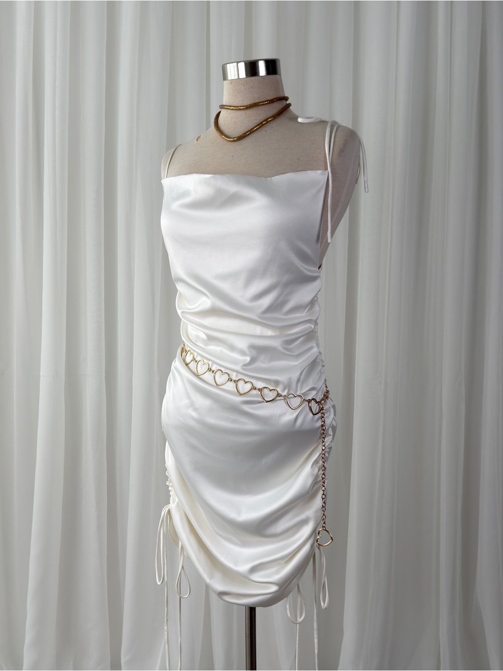White Satin Ruched Cowl Neck Slip Dress Womens M Bridal Bachelorette Coquette